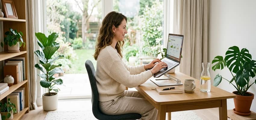 Ergonomic adjustable aluminum portable laptop stand on a desk in a clean modern home office setting