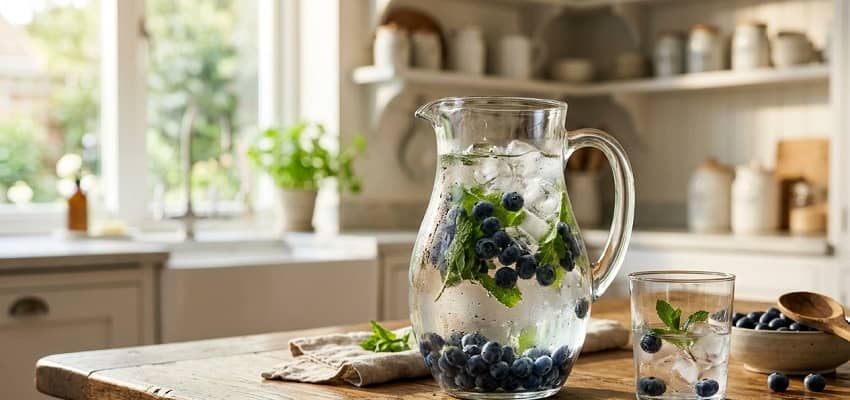 Glass pitcher of fresh blueberry infused water with ice and mint leaves on a wooden table in soft daylight.