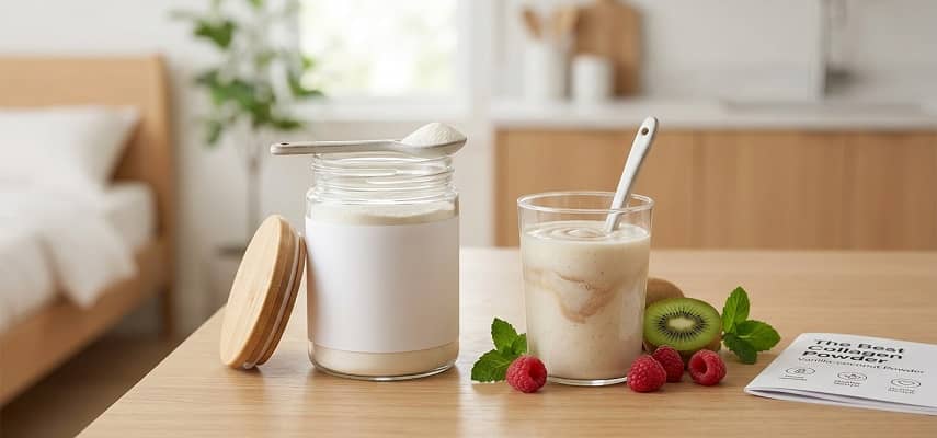 Glass jar of collagen powder with a scoop beside a fresh fruit smoothie on a wooden kitchen table.
