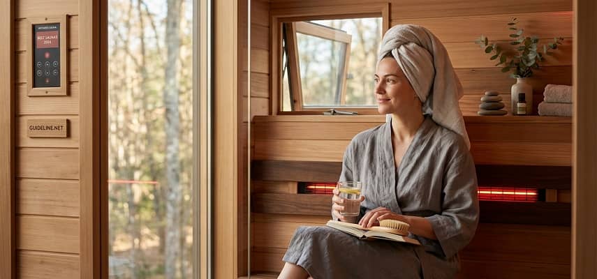 A modern infrared sauna with warm lighting and wooden benches provides a relaxing experience for a person inside.