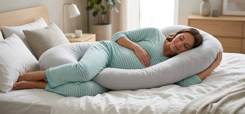 Pregnant woman relaxing in bed with a large, grey contoured pregnancy pillow for comfort and support.