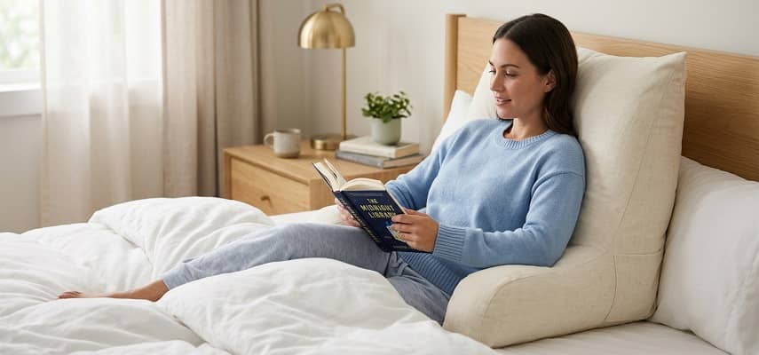 Woman reads comfortably propped on a soft wedge reading pillow with armrests in a cozy bedroom.