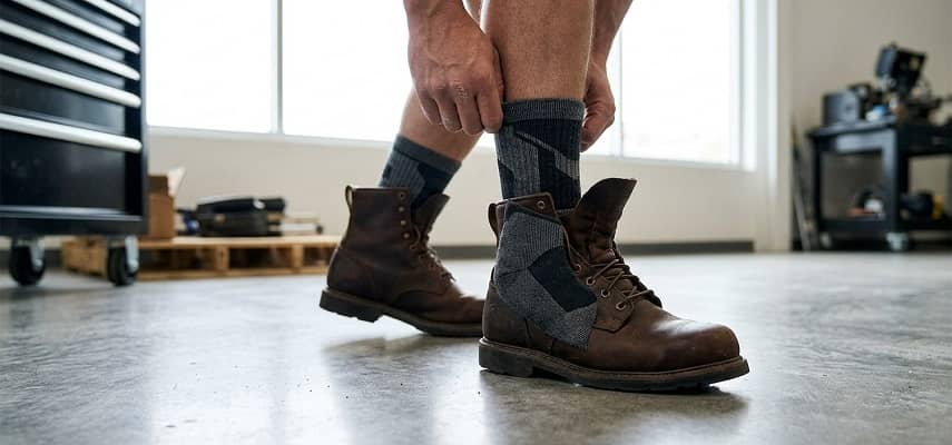 Close-up of a worker's feet wearing dark grey cushioned work socks and brown leather work boots in a workshop setting.