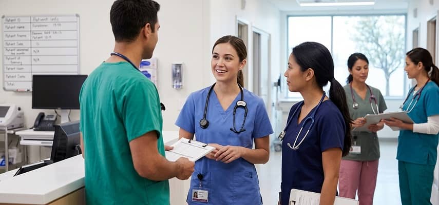 Three diverse nurses in scrubs discuss a patient chart at a clinic station, with stethoscopes around their necks.