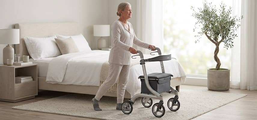 An elderly woman smiling while confidently using a modern rollator walker in a home bedroom, achieving mobility and comfort