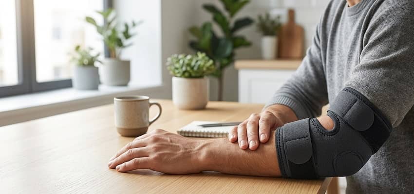 Person wearing a supportive elbow brace for cubital tunnel syndrome resting arm on a wooden table.