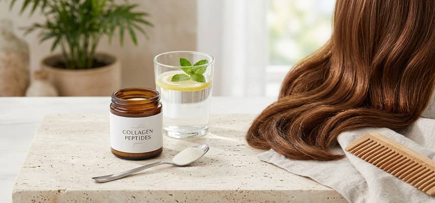 A jar of collagen peptides and a glass of water on a table next to shiny brown hair and a wooden comb for growth.