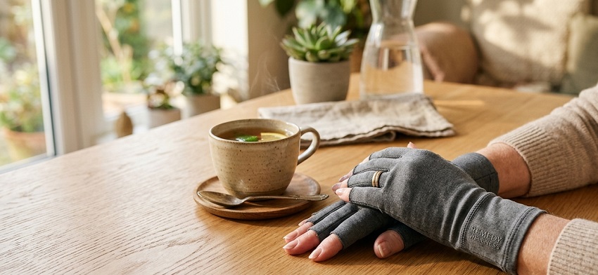 Person wearing grey compression arthritis gloves resting hands on a wooden table near a cup of tea in soft natural light