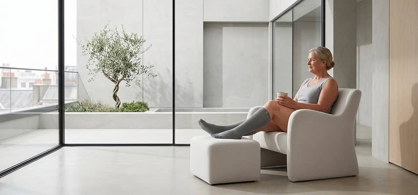 A middle-aged woman wearing compression socks relaxes in a light-filled, minimalist living space, her legs elevated on an ottoman.
