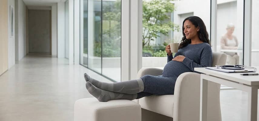 Pregnant woman in supportive grey compression socks relaxing on an armchair and ottoman with her feet up.
