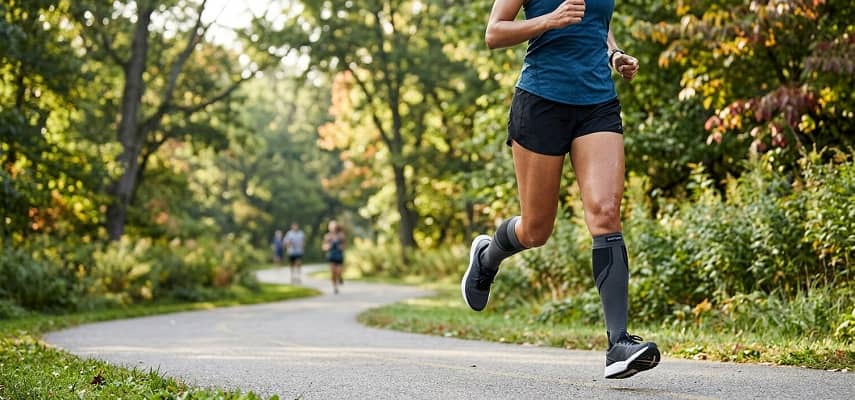 Close-up of an athlete running in compression socks on a park path.