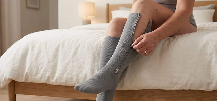 Woman sitting on a bed adjusting a grey compression sock with an integrated zipper.