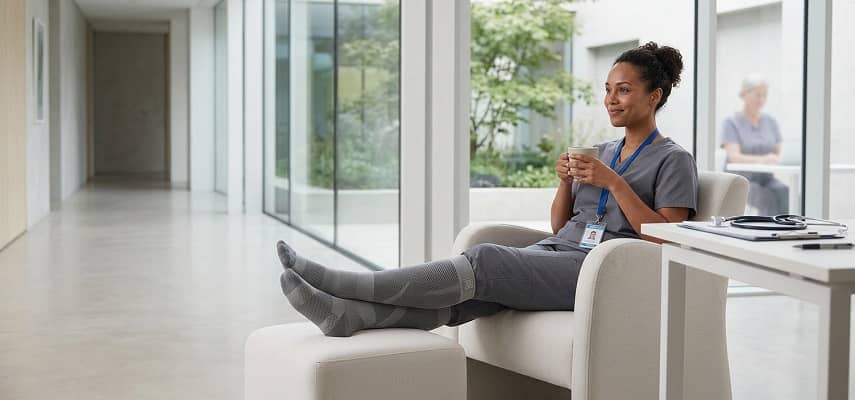 A female nurse relaxing in a hospital lounge wearing supportive grey compression socks.