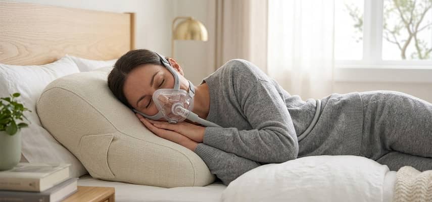 A woman wearing a CPAP full-face mask is sleeping on her left side in a well-lit modern bedroom, supported by a specialized contoured pillow and resting her head on her hands.