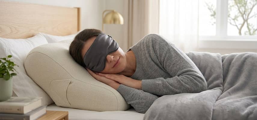 A woman wearing a dark grey sleep mask rests comfortably on a contoured white pillow, sleeping in a modern bedroom.