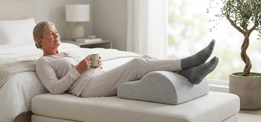 A woman resting on a daybed using a supportive leg elevation pillow to improve circulation and relieve pressure.