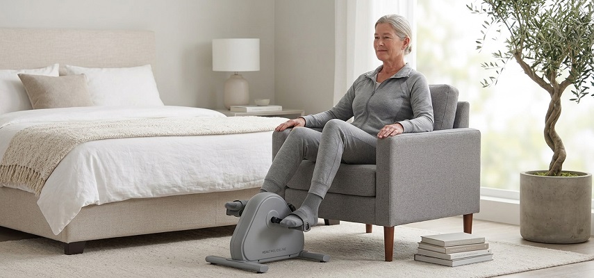A person using a leg compression sleeve or cuff device for therapy, as seen in this clinical product image.