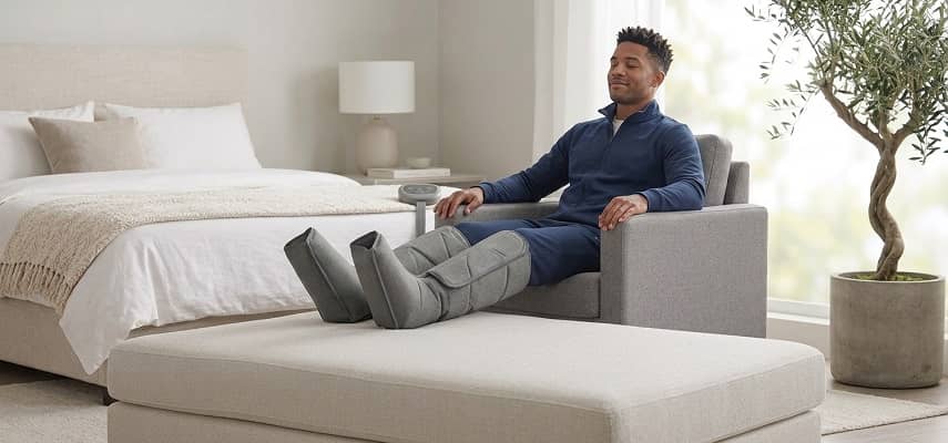 A man relaxing with his eyes closed in an armchair, wearing compression massagers on his legs, which are resting on an ottoman.
