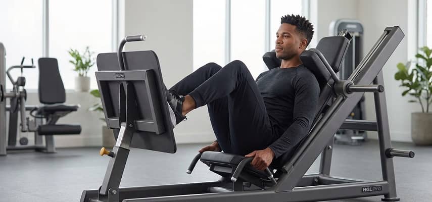 A man exercising on a leg press machine in a modern fitness center to build lower body strength.