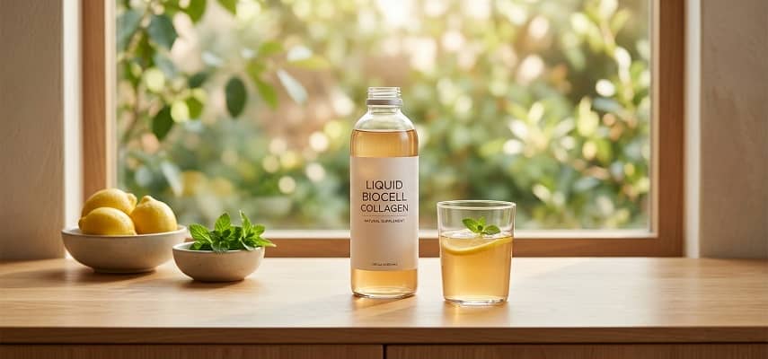 A bottle labeled "Liquid Biocell Collagen" next to a glass with lemon and mint on a sunny wooden windowsill with a garden view.