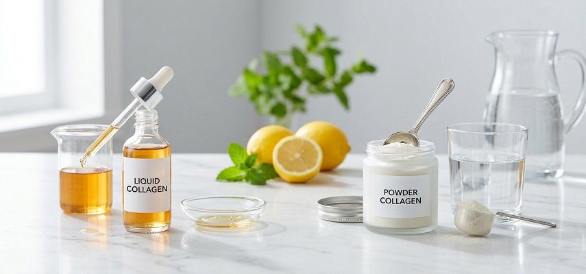 A comparison photo showing liquid collagen with a glass beaker and powder collagen in a jar on a marble counter, with fresh lemons and mint.