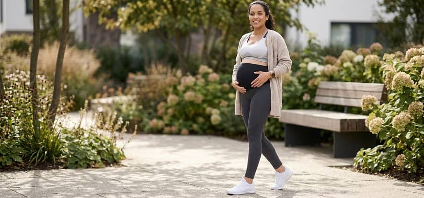 A pregnant woman in charcoal grey maternity compression leggings walks outdoors on a garden path with a smile, holding her baby bump.