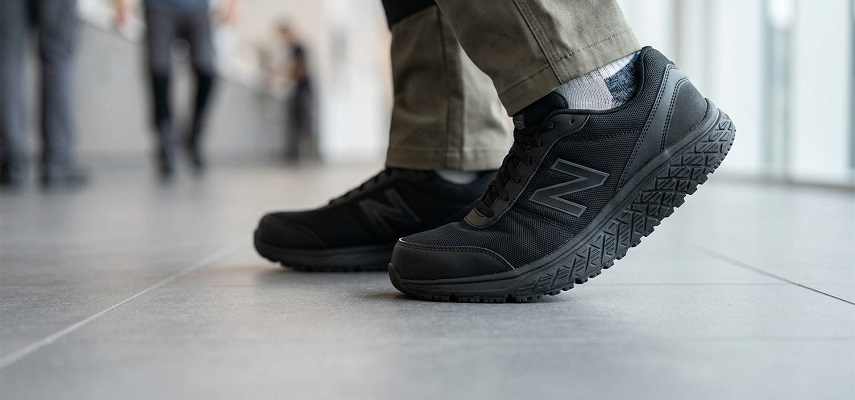 Black New Balance slip resistant work shoes being worn in a professional indoor environment.