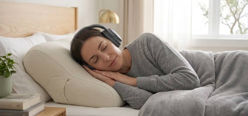Woman sleeping comfortably on a pillow wearing grey noise cancelling ear muffs in bed.