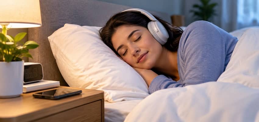 Woman sleeping peacefully in bed wearing noise-cancelling headphones for a quiet, restful night