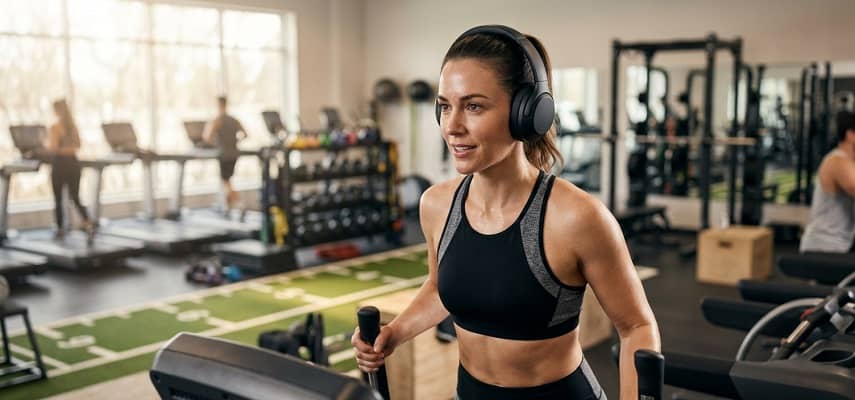 A woman wearing wireless over-ear headphones on an elliptical machine in a modern gym.