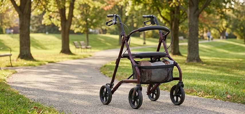 A rollator walker with a seat sits on a park path, providing mobility support for independent living.