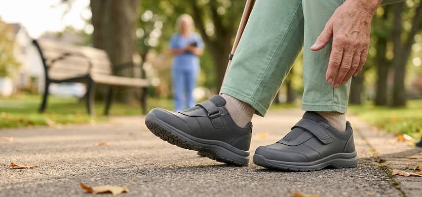 An elderly person adjusting their sturdy grey walking shoes in a park setting.