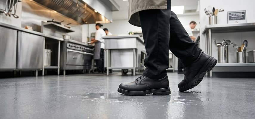 Black non-slip work shoes worn on a wet commercial kitchen floor for safety.