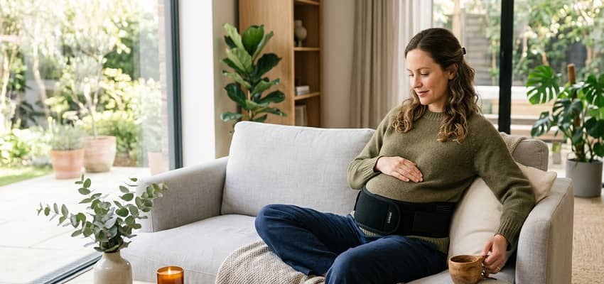 Pregnant woman wearing a supportive pelvic belt for Symphysis Pubis Dysfunction (SPD) pain relief