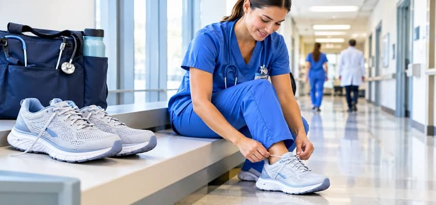 Nurse wearing comfortable tennis shoes in a hospital corridor during a work shift.