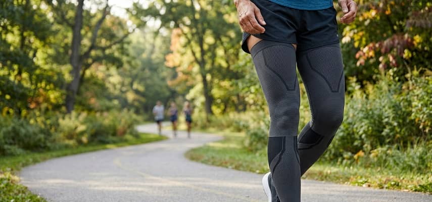 A runner wearing technical grey thigh compression sleeves and black running shorts is in mid-stride on a winding park path.