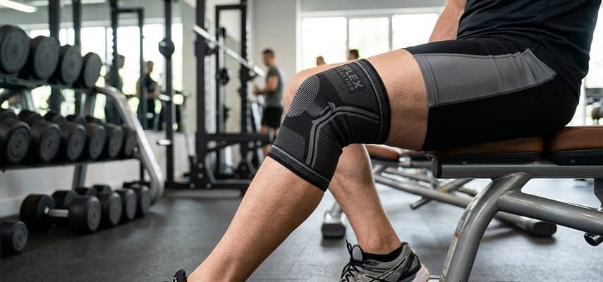 Close-up of a person wearing a black Uflex Athletics Knee Compression Sleeve on their left leg in a gym.