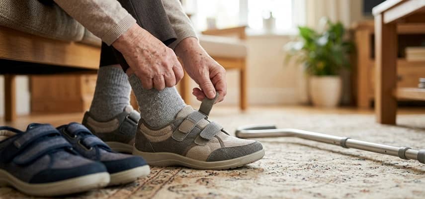 An elderly person adjusts the grey velcro strap on their supportive walking shoe, illustrating ease of use for seniors with mobility needs.