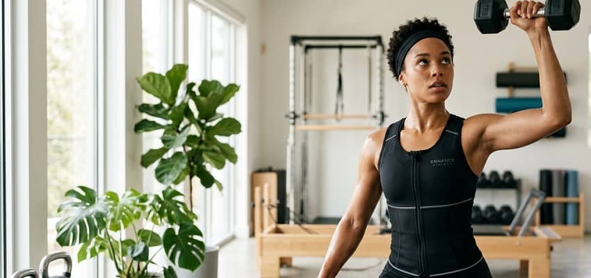 Person wearing a black neoprene sweat vest during an active workout session in a modern gym