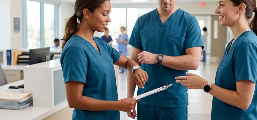 A group of healthcare workers in teal scrubs check several different types of analog and digital watches in a hospital hallway.