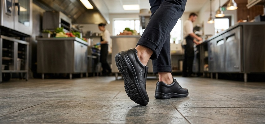 A person wearing black slip-resistant work shoes walking on a tiled restaurant kitchen floor.