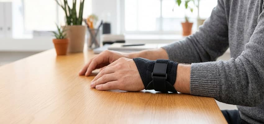 Person wearing an ergonomic wrist brace for tendonitis relief, resting comfortably on a wooden desk.