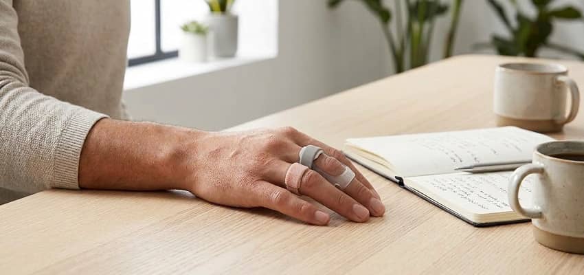 Hand with a trigger finger splint resting on a wooden desk, formatted for a banner layout.