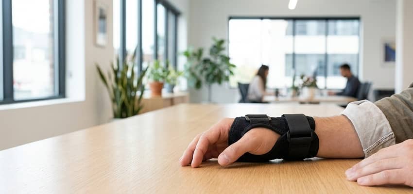 Person wearing an adjustable wrist brace for ulnar pain relief, resting hand on a wooden workspace desk.
