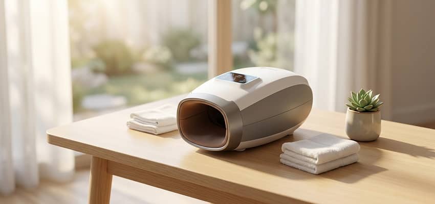 Modern electric hand massager device on a wooden table in a serene, minimalist home health setting.