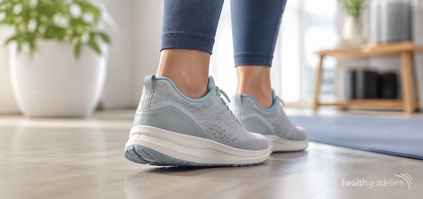 Supportive athletic sneakers worn beside a yoga mat in a bright wellness room, suitable for people seeking the best shoes for Achilles tendonitis.