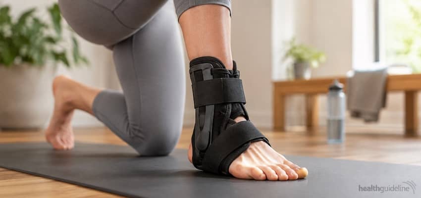 Person wearing a semi-rigid ankle brace during ankle rehabilitation on a yoga mat for added stability and support.