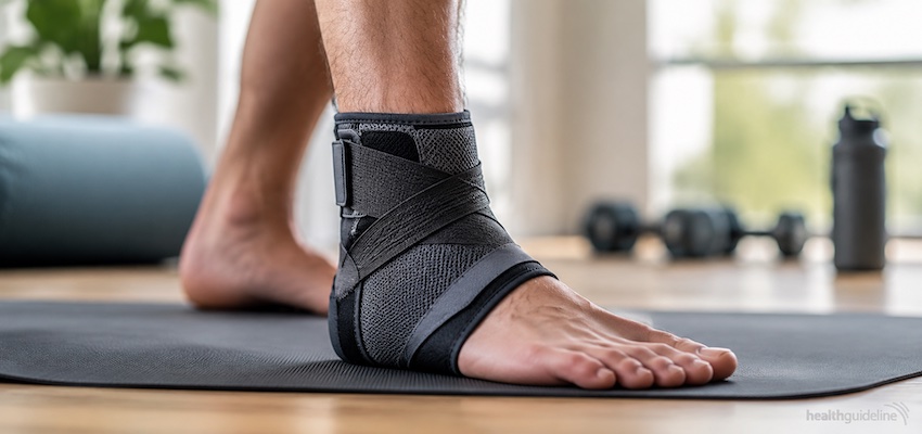 Person wearing a supportive ankle brace on a yoga mat for peroneal tendonitis, providing ankle stability and compression during recovery.
