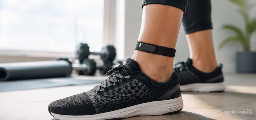 Fitness tracker worn around the ankle with running shoes in a bright home gym, designed for tracking activity and workouts.
