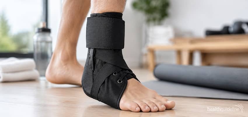 Person wearing a black ASO ankle brace in a bright fitness studio for ankle support, stability, and injury recovery.